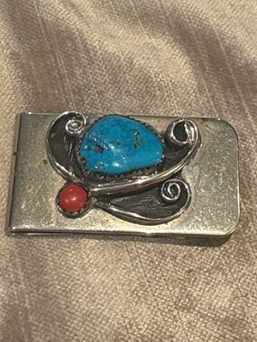 Vintage Silver Money Clip with Turquoise and Red Stone Accents Navajo Style